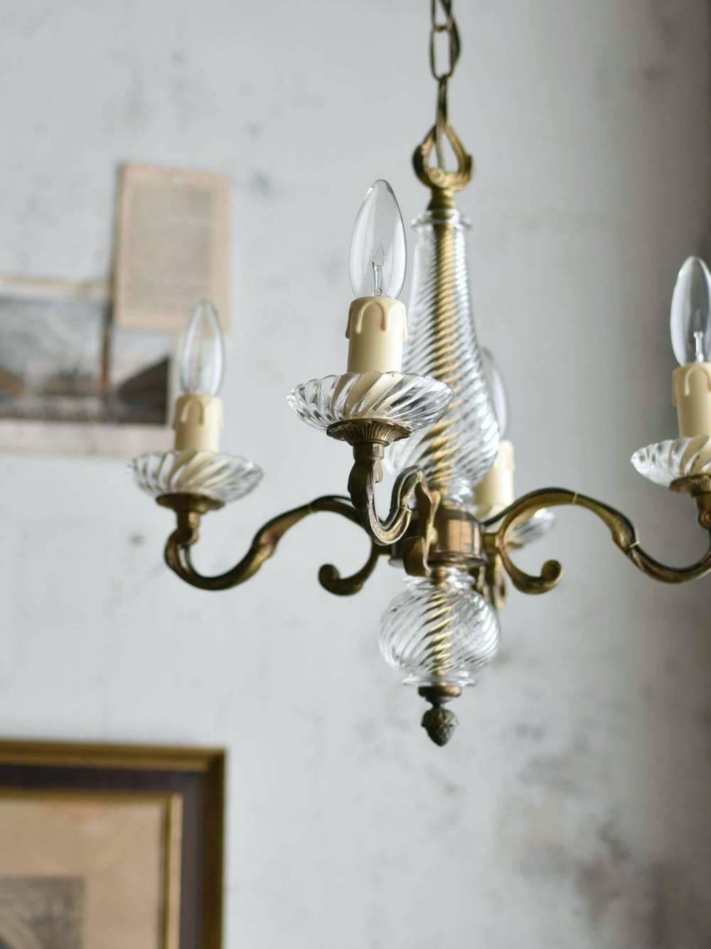 フランス アンティーク シャンデリア 真鍮 ガラス製 フランスアンティークシャンデリア 4灯