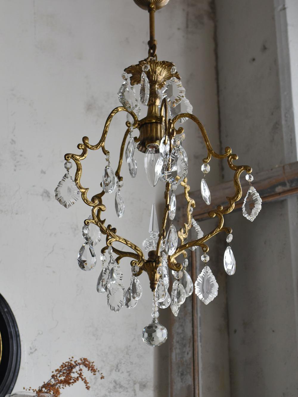 アンティーク調　フランス　ガラス装飾　1灯シャンデリア　D　ライト　ランプ