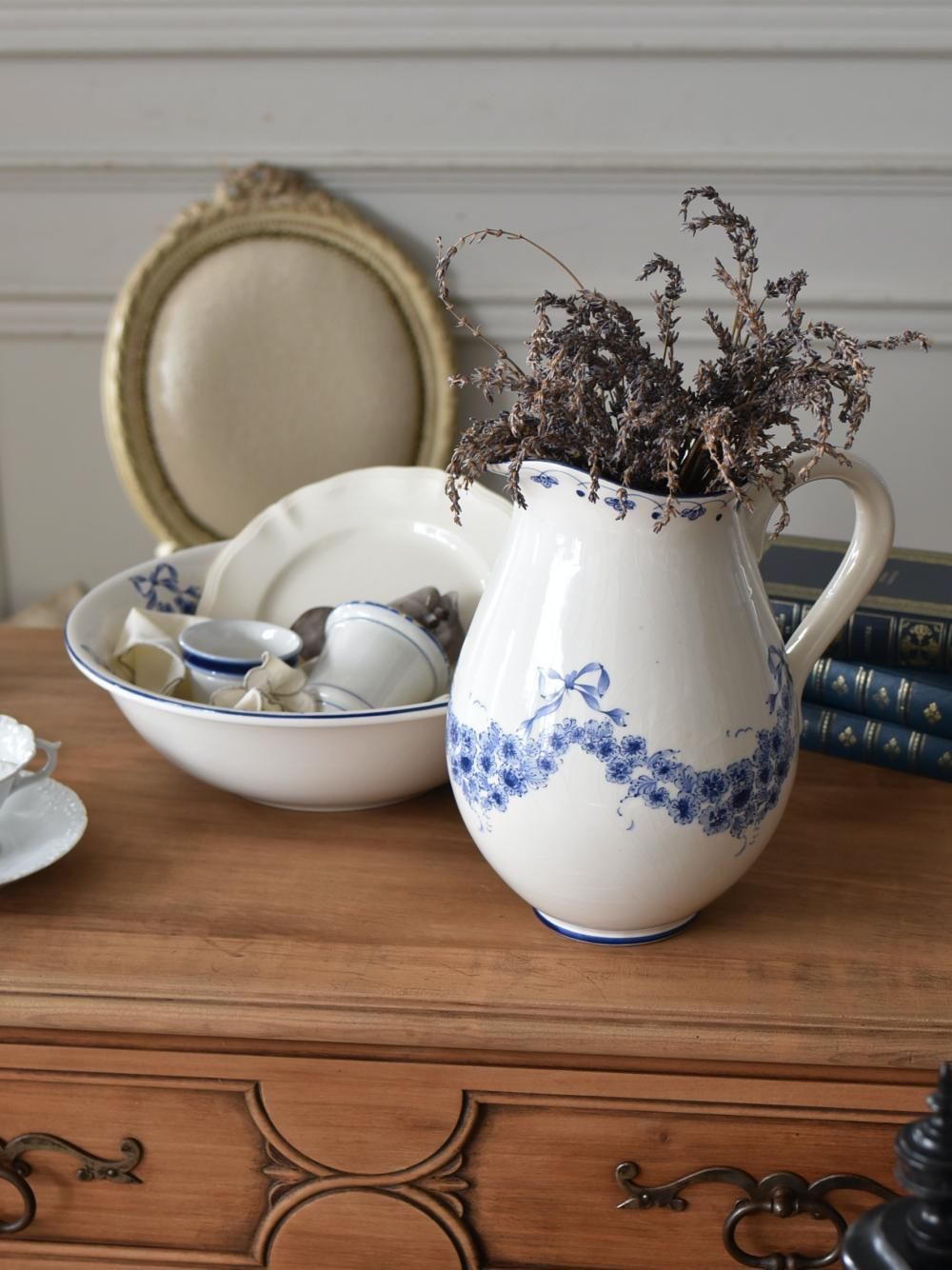 【フランス雑貨マリンセール】 ジャグ＆ボウルセット フランスヴィンテージ雑貨 陶器 リボン フランス食器