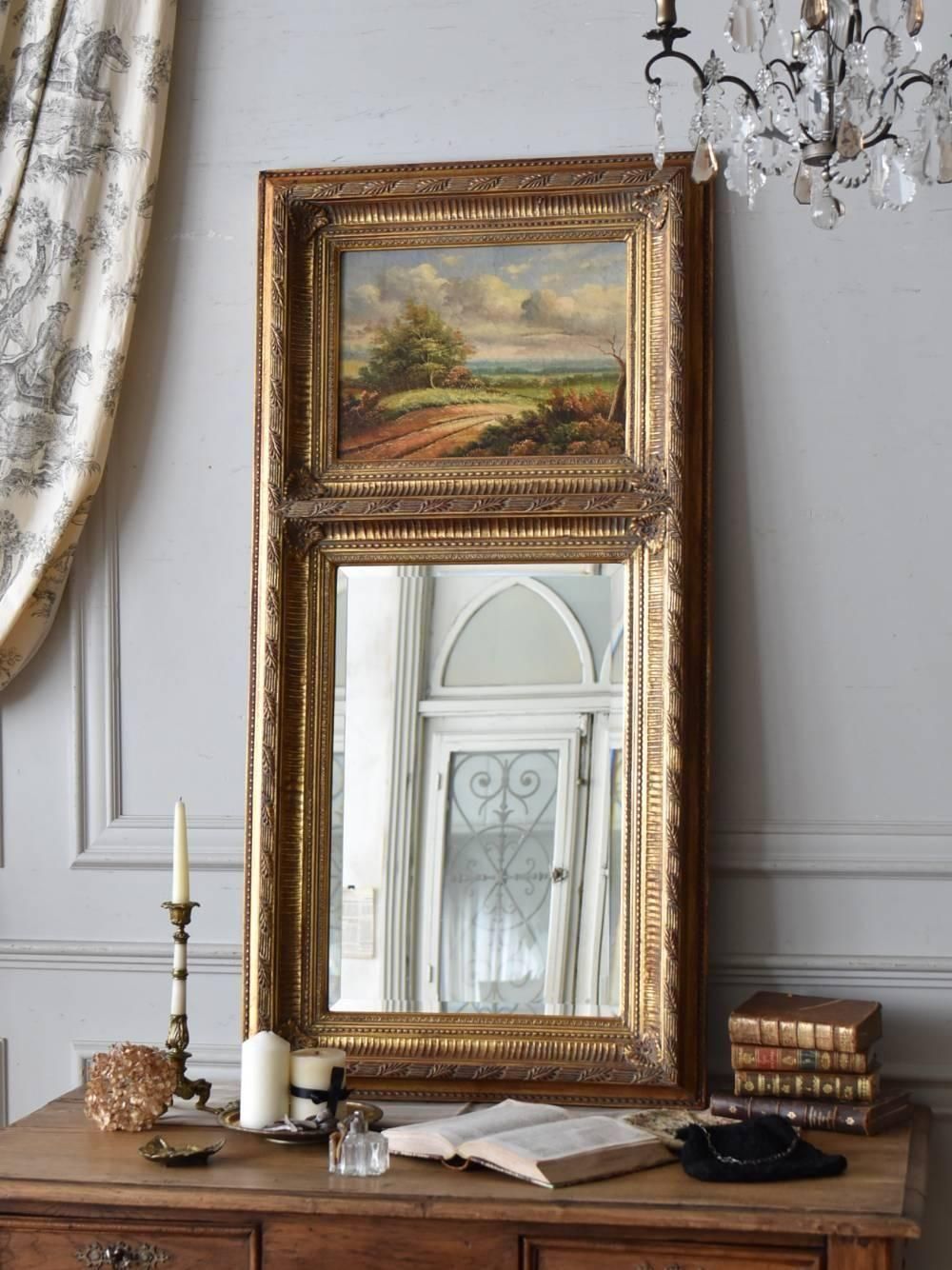 フランスアンティーク　鏡　　60×49センチ 絵画入りアンティークミラー フランスアンティークインテリア 鏡