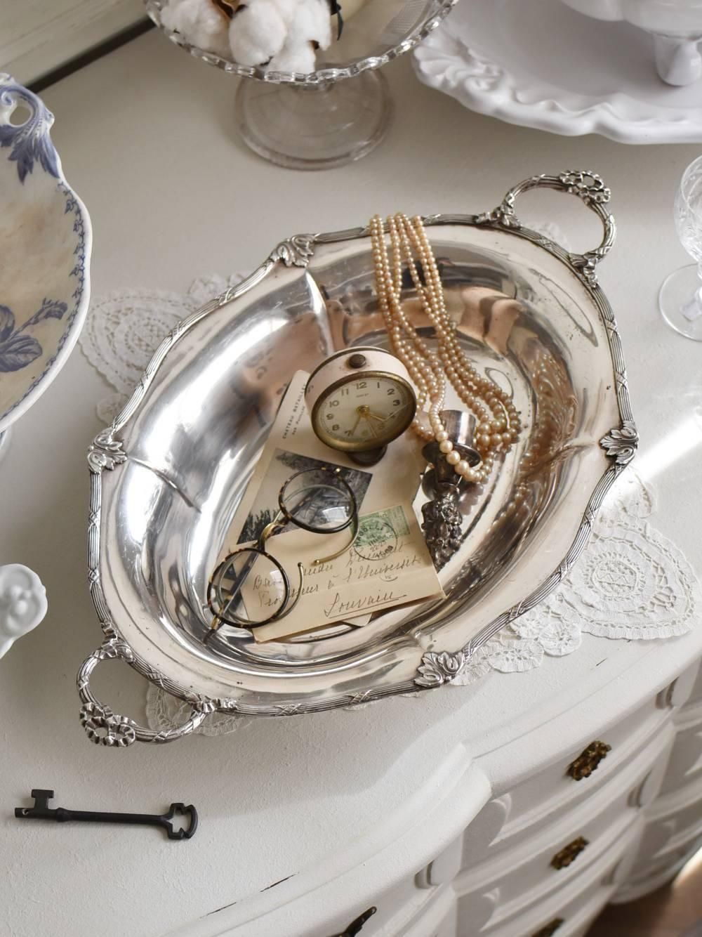 【美品】フランスアンティーク リボンモチーフ シルバー 大きなトレー[3675] ガラス オーバルトレイ シルバー トレイ クラシックリボン