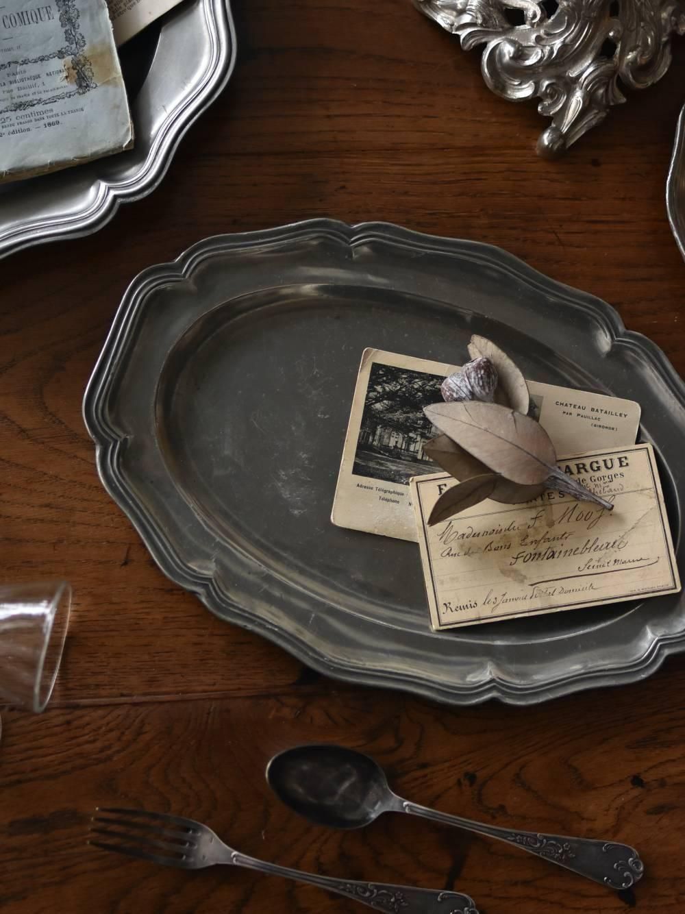 【希少】フランス ヴィンテージ 花リム ピューター エタン オーバル プレート フランス アンティーク エタン ピューター 花リム オーバルプレート 約