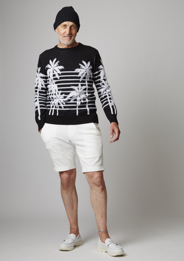 AKM(エイエケイエム)　ITALY COTTON BY EMIL COTONI　PALM BORDER　CREW ニット　 (WHITE-BLACK/BLACK-WHITE)　K138-CTN003 パーム　ツリー　ボーダー　ファイン　ニット　クルーネック　ブラック　 ホワイト　通販　広島市　セレクト...