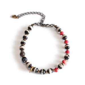 By color quartz & Coral & Brass Beads Bracelet