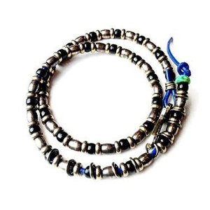 Short Leather Blass Beads Cord / BLUE
