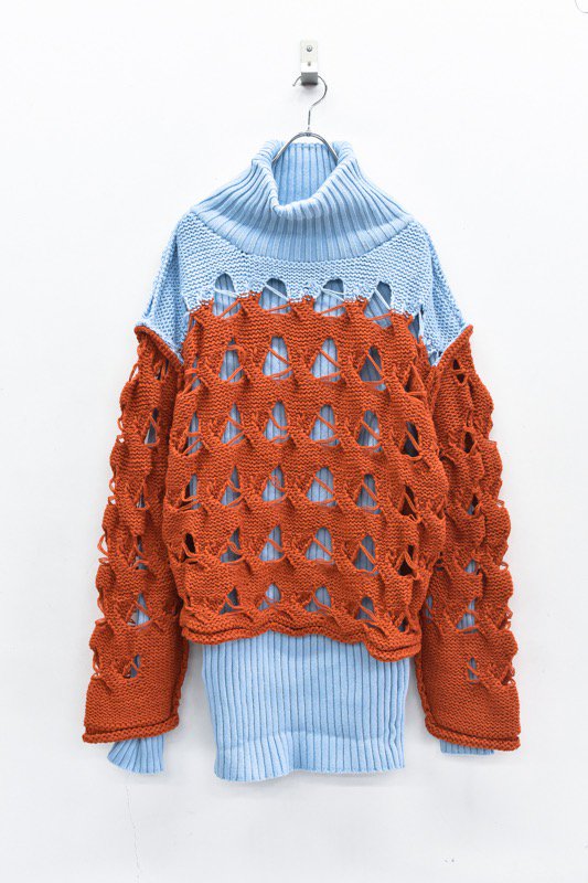 BASE MARK / Joined Cable Knit Sweater - ORANGE


