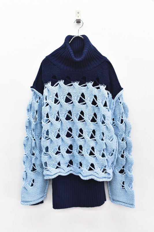 BASE MARK / Joined Cable Knit Sweater - L.BLUE - CRACKFLOOR WEBSHOP