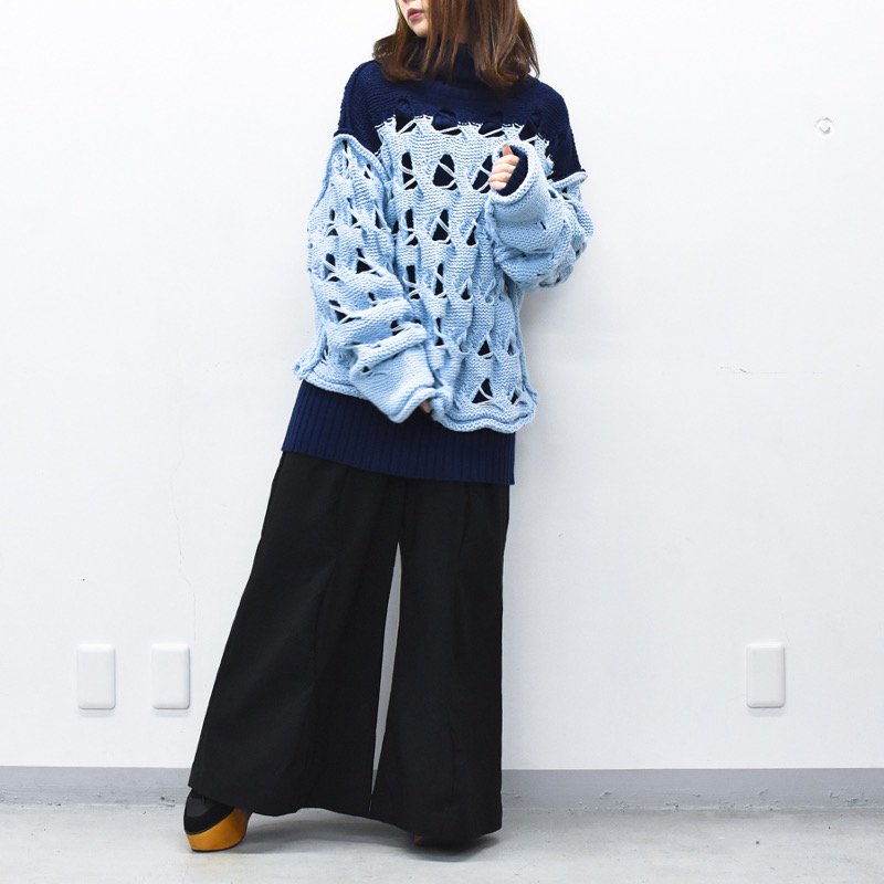 BASE MARK / Joined Cable Knit Sweater - L.BLUE, - CRACKFLOOR WEBSHOP