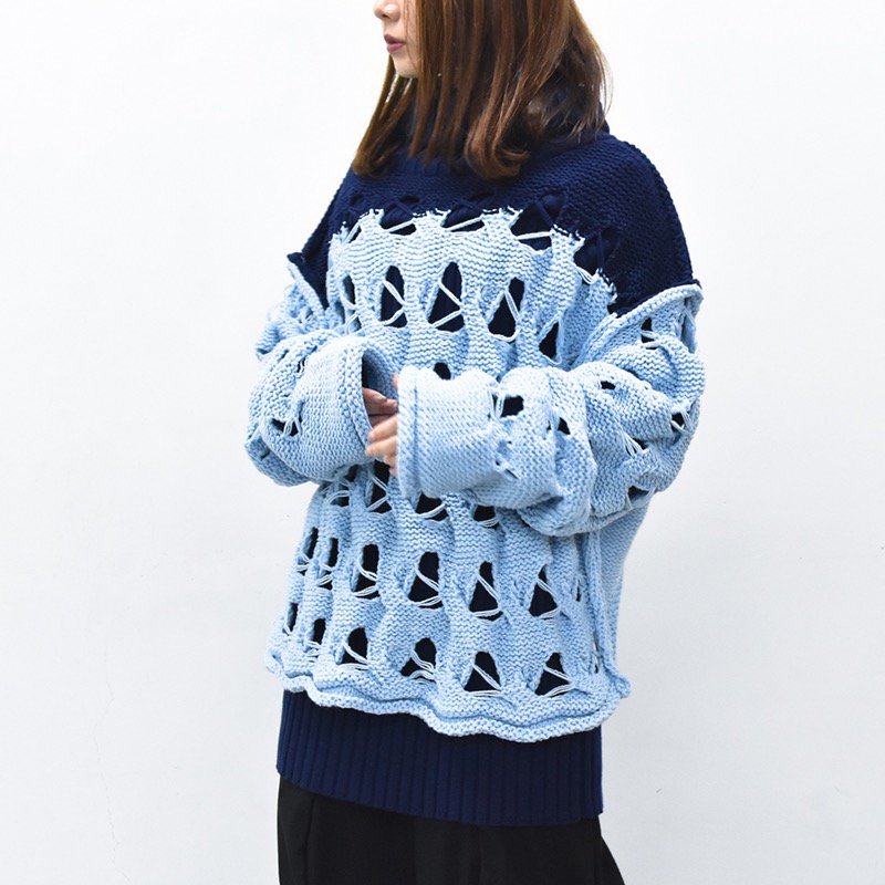 BASE MARK / Joined Cable Knit Sweater - L.BLUE, - CRACKFLOOR WEBSHOP