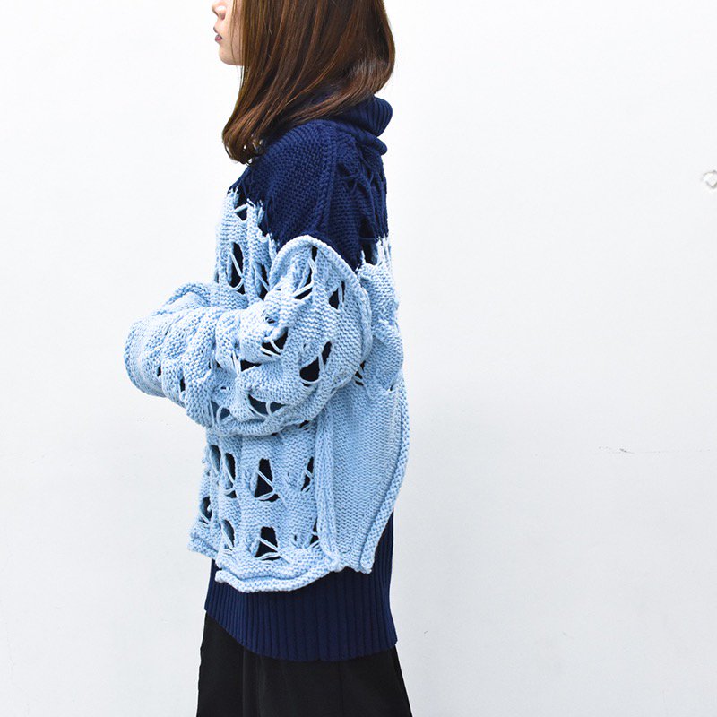 BASE MARK / Joined Cable Knit Sweater - L.BLUE, - CRACKFLOOR WEBSHOP