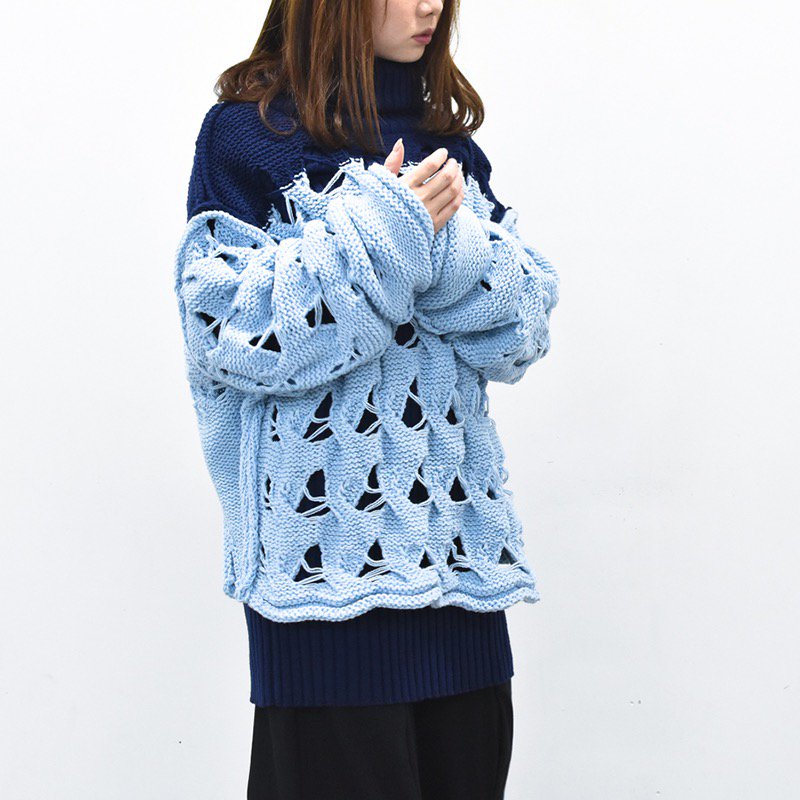 BASE MARK / Joined Cable Knit Sweater - L.BLUE, - CRACKFLOOR WEBSHOP