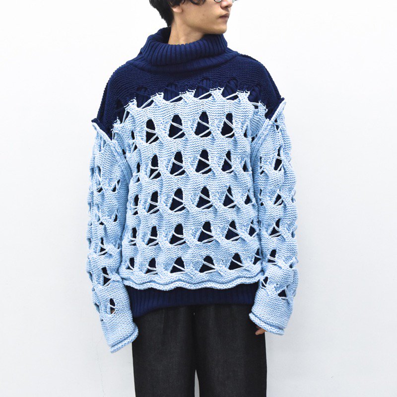 BASE MARK / Joined Cable Knit Sweater - L.BLUE - CRACKFLOOR