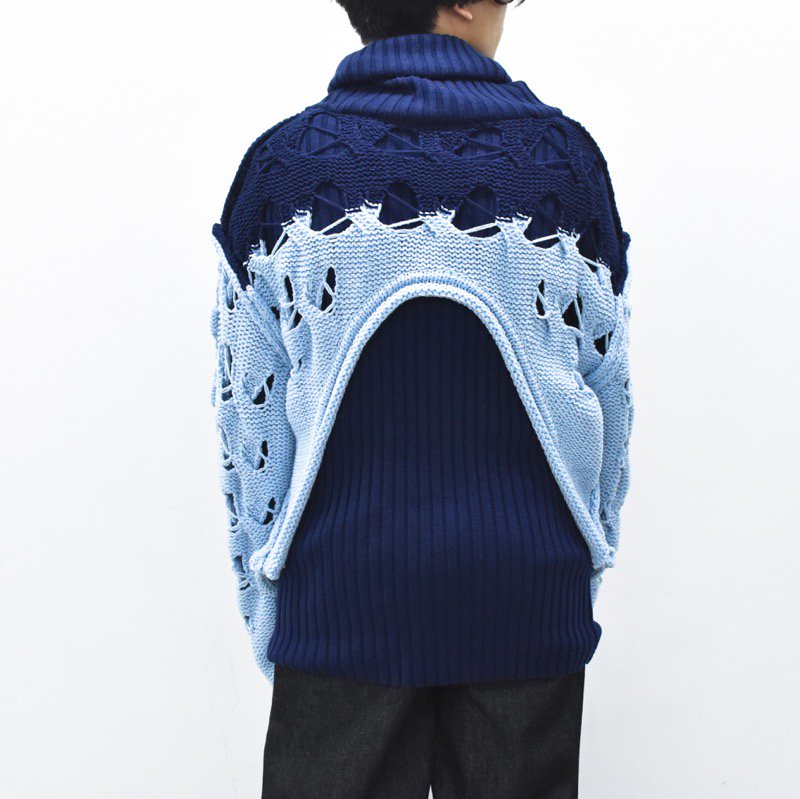 BASE MARK / Joined Cable Knit Sweater - L.BLUE, - CRACKFLOOR WEBSHOP