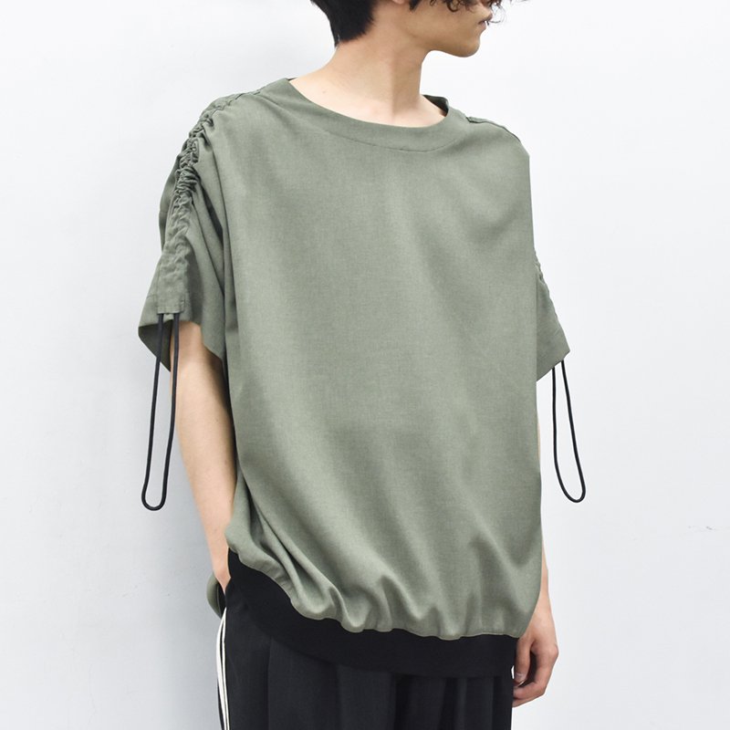 VOAAOV /GABERDINE Gather Sleeve T-Shirt - OLIVE - CRACKFLOOR WEBSHOP