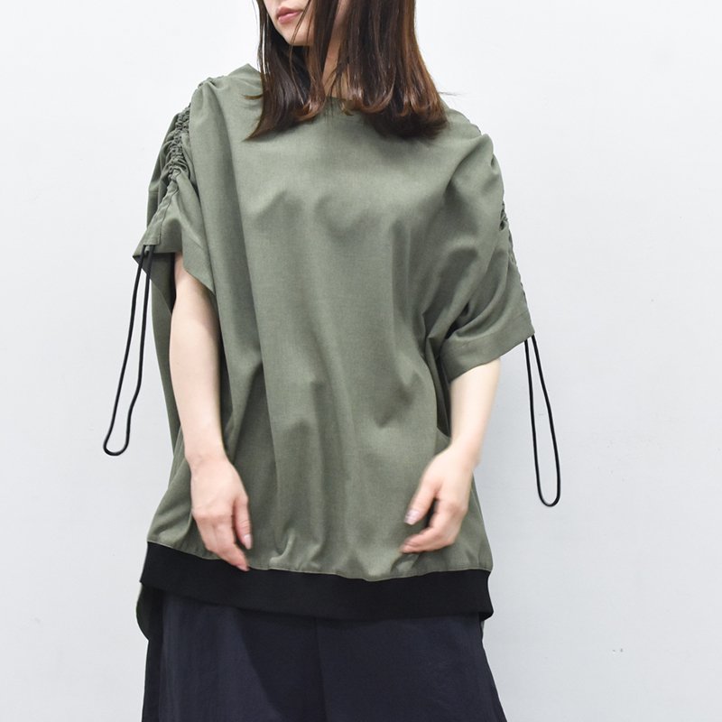 VOAAOV /GABERDINE Gather Sleeve T-Shirt - OLIVE - CRACKFLOOR WEBSHOP