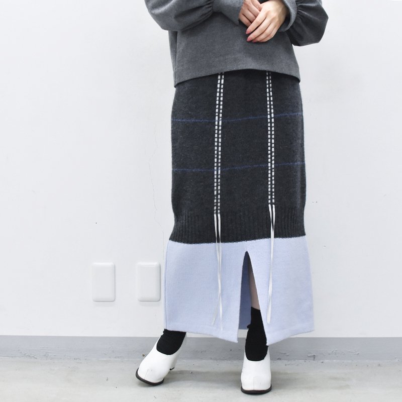 先行予約  YUKI SHIMANE / Hand stitched Slit Knit skirt - GREY