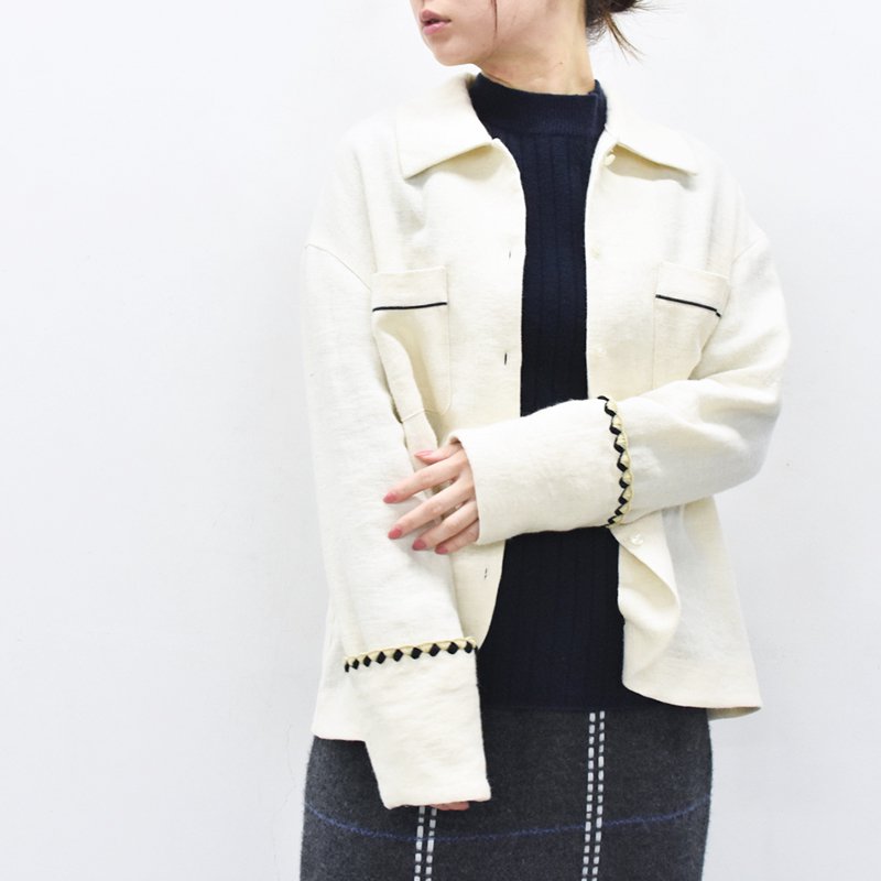 先行予約  YUKI SHIMANE / Clam stitch Linen Wool Shirt - WHITE