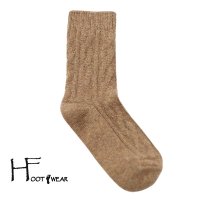 ポルトガル製ウールソックス 【H-Foot wear】 ケーブル柄　モカ　レディースフリー
