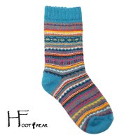 ポルトガル製ウールソックス 【H-Foot wear】 フェアアイル柄　ブルー PETROL　レディースフリー