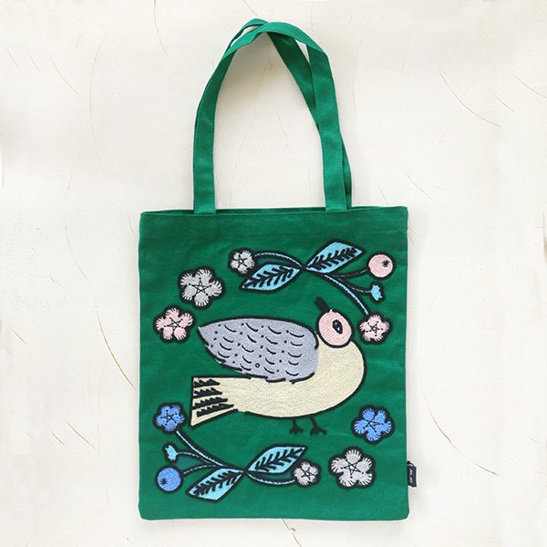 松尾ミユキ 刺繍 トートバッグ bird バード グリーン 鳥 - かわいいと楽しいをお届けします。5cochi-co(雑貨屋ゴコチ)ネットショップ