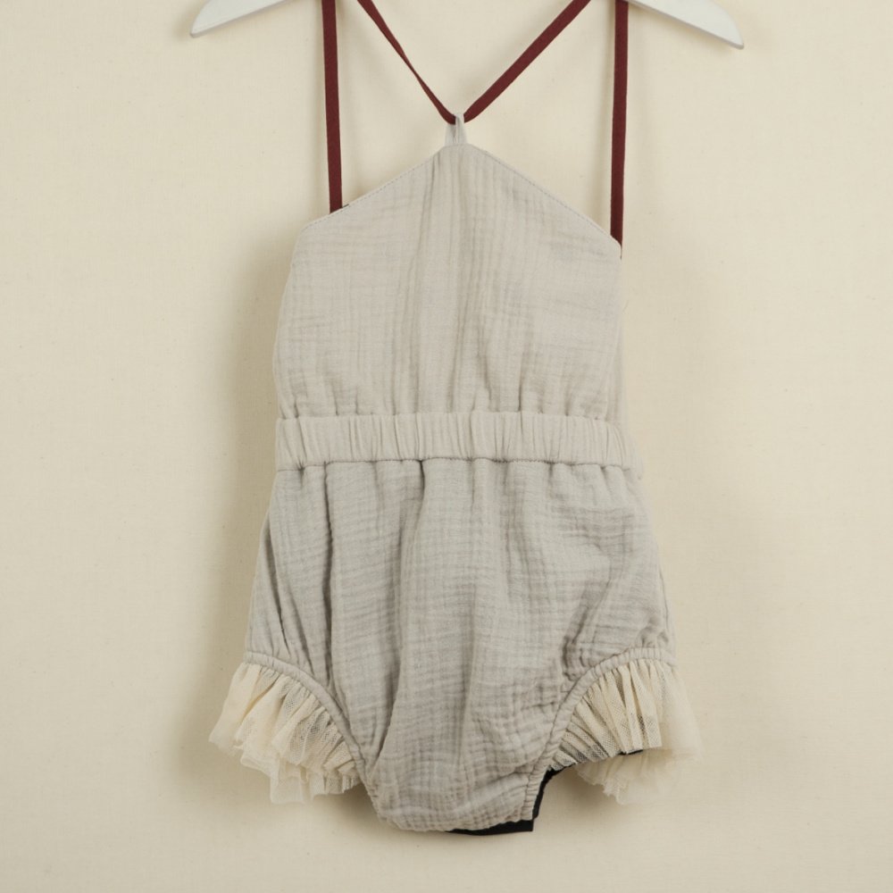 【50%→60%OFF!】Reversible bathing-suit-style romper suit with black polka dot img2