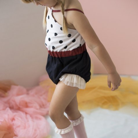 【60%OFF!】Reversible bathing-suit-style romper suit with black polka dot