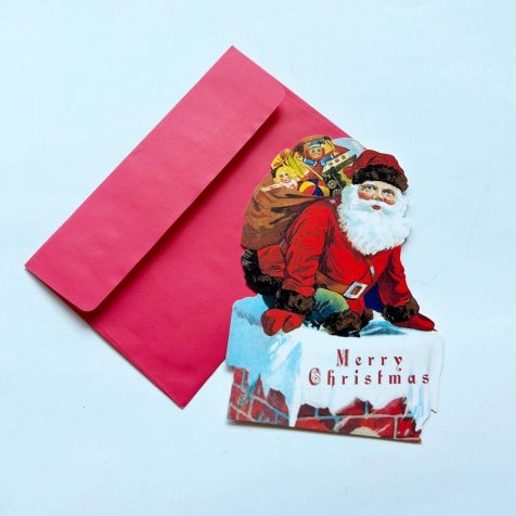 No.047 Vintage Down the Chimney Santa Die Cut Christmas Cards クリスマスカード 煙突から入るサンタ
