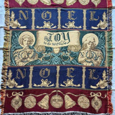 No.053 Vintage Tapestry Blanket Afghan Joy to the World Noel  クリスマスタペストリー