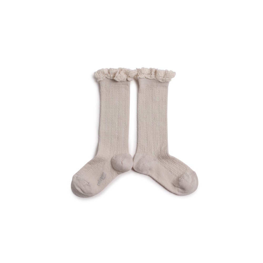 ϥå Adeline Pointelle Merino Wool Knee-high Socks with Merino Lace Trim / Doux Agneaux img