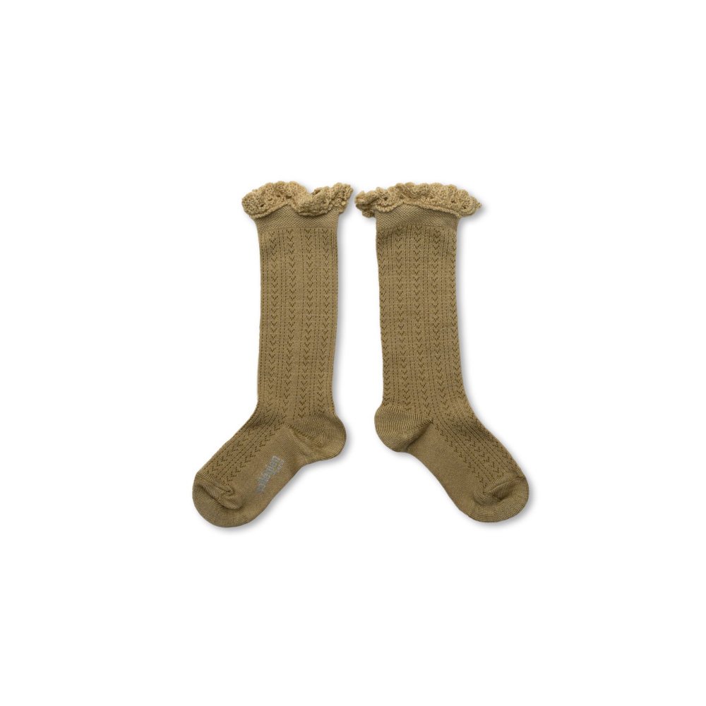 ϥå Adeline Pointelle Merino Wool Knee-high Socks with Merino Lace Trim / Petite Taupe img