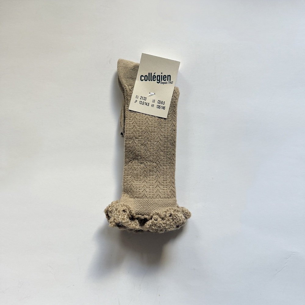 ϥå Adeline Pointelle Merino Wool Knee-high Socks with Merino Lace Trim / Petite Taupe img3