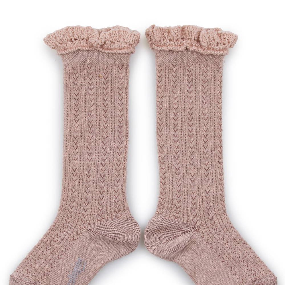 ϥå Adeline Pointelle Merino Wool Knee-high Socks with Merino Lace Trim / Vieux Rose img1