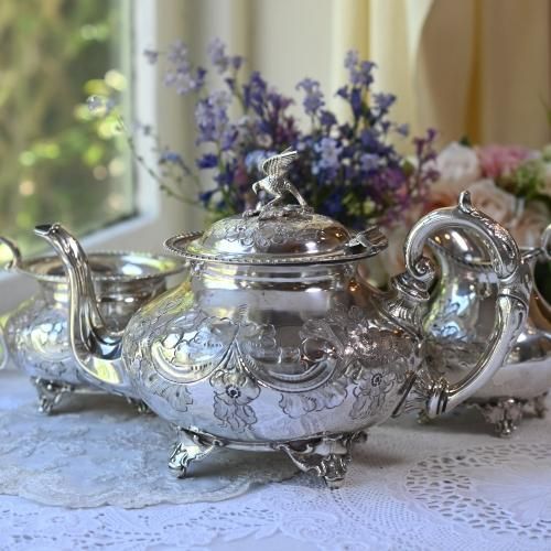 1920年代・ジョンタートン・シルバープレート・鳥の摘みとお花の