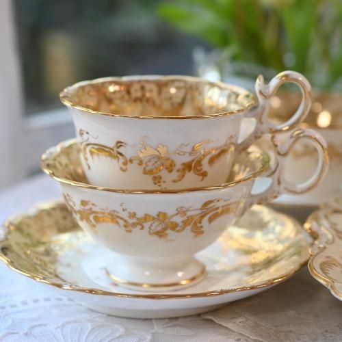【レア美品】英国製　スポード ★ゴールデントレリス★トリオ　ペア 1820年代 サミュエルオールコック ロイヤルブルーとゴールド