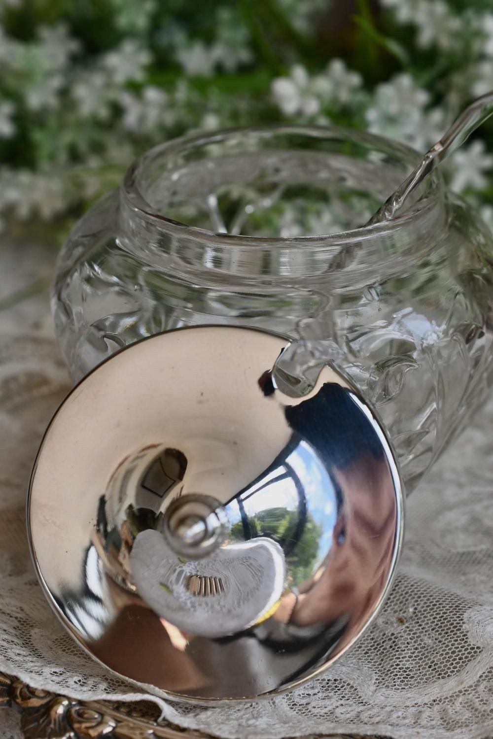 ヴィンテージ シルバープレート製の蓋とガラスのジャムポット・ジャム