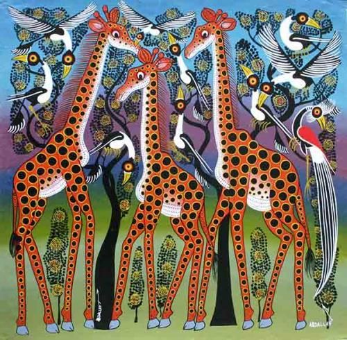 「キリンの家族」ベイカー氏遺作 ティンガティンガ ティンガティンガ・アート 226「キリンの家族～モノクロ～星空