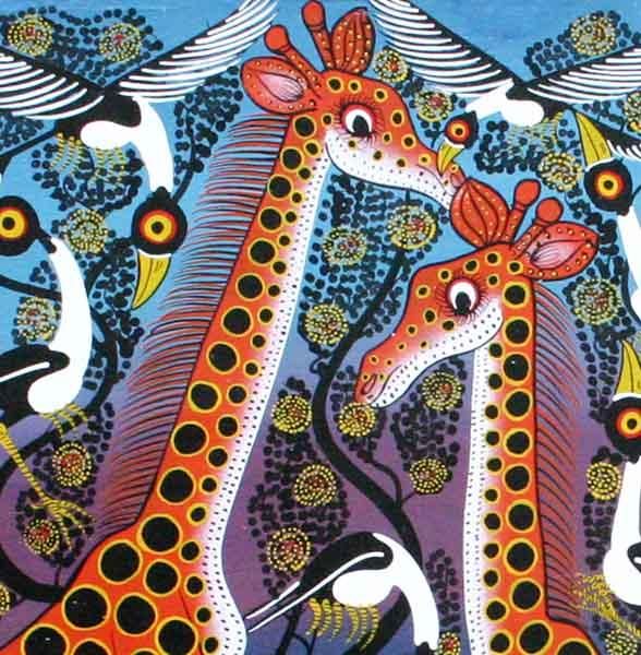 「キリンの家族」ベイカー氏遺作 ティンガティンガ ティンガティンガ・アート 226「キリンの家族～モノクロ～星空