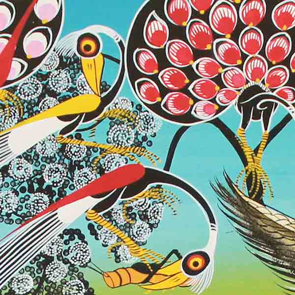 ティンガティンガ・アート 371「花の樹に憩うクジャクとアフリカの鳥 