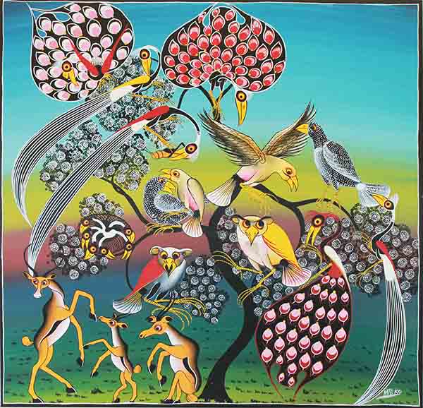 ティンガティンガ・アート 371「花の樹に憩うクジャクとアフリカの鳥