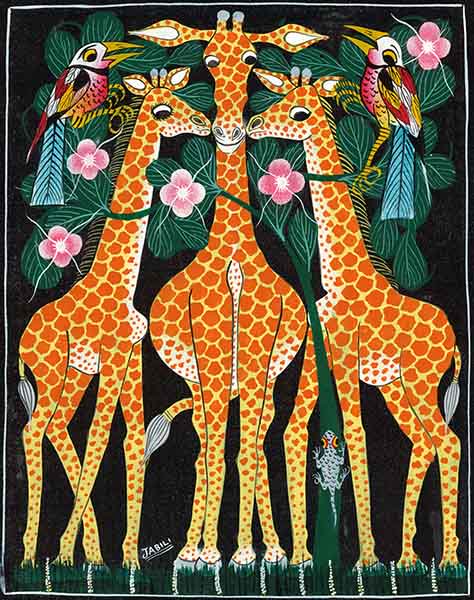 ティンガティンガ・アート 9「キリンの家族とアフリカの鳥