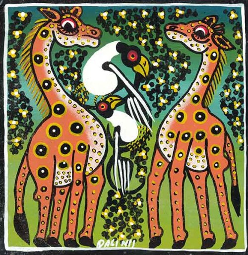 ティンガティンガ・アート 1211「キリンのカップルとアフリカの鳥」by