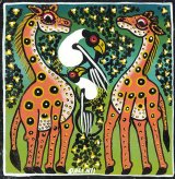 ティンガティンガ・アート 1211<br>「キリンのカップルとアフリカの鳥」<br>by ダリーニ<br>Sサイズ