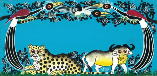ティンガティンガ ルームプレート 177 青『サバンナの動物たちとアフリカの鳥』 by セーフ人気作家によるハンドペイント【限定数入荷】 -  アフリカフェ＠バラカのセレクトショップ～アフリカ雑貨・アフリカ布カンガ キテンゲ