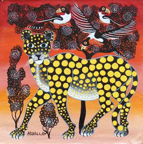 ティンガティンガ・アート 5942「黒ヒョウとアフリカの鳥～オレンジ