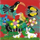 ティンガティンガ・アート 6979<br>「アフリカの鳥と蝶と動物たち〜レッド」<br>by ルーカス<br>Sサイズ