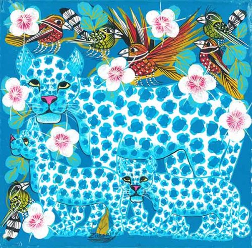 ティンガティンガ・アート 7419「花の樹に憩うヒョウの家族～ブルー 