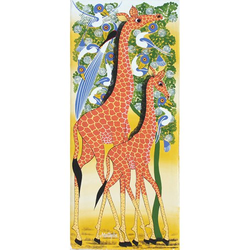 ティンガティンガ・アート 634「キリンの親子とアフリカの鳥～イエロー