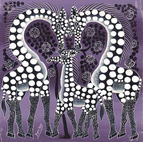 ティンガティンガ・アート 7987「キリンの家族～モノクロ～パープル