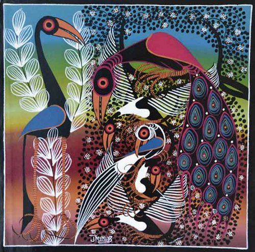 ティンガティンガ・アート 879「花の樹に憩うアフリカの鳥～レインボー 