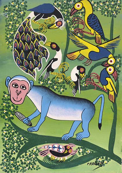 ティンガティンガ・アート 195「花の樹に憩うサルとアフリカの鳥たち 